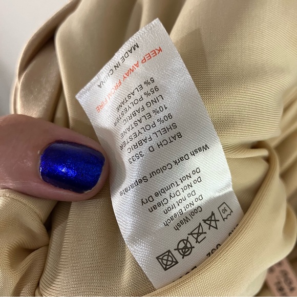 Oh Polly Embellish The Moment Ruched Satin Metallic Knee Length Dress in Gold - Picture 14 of 15